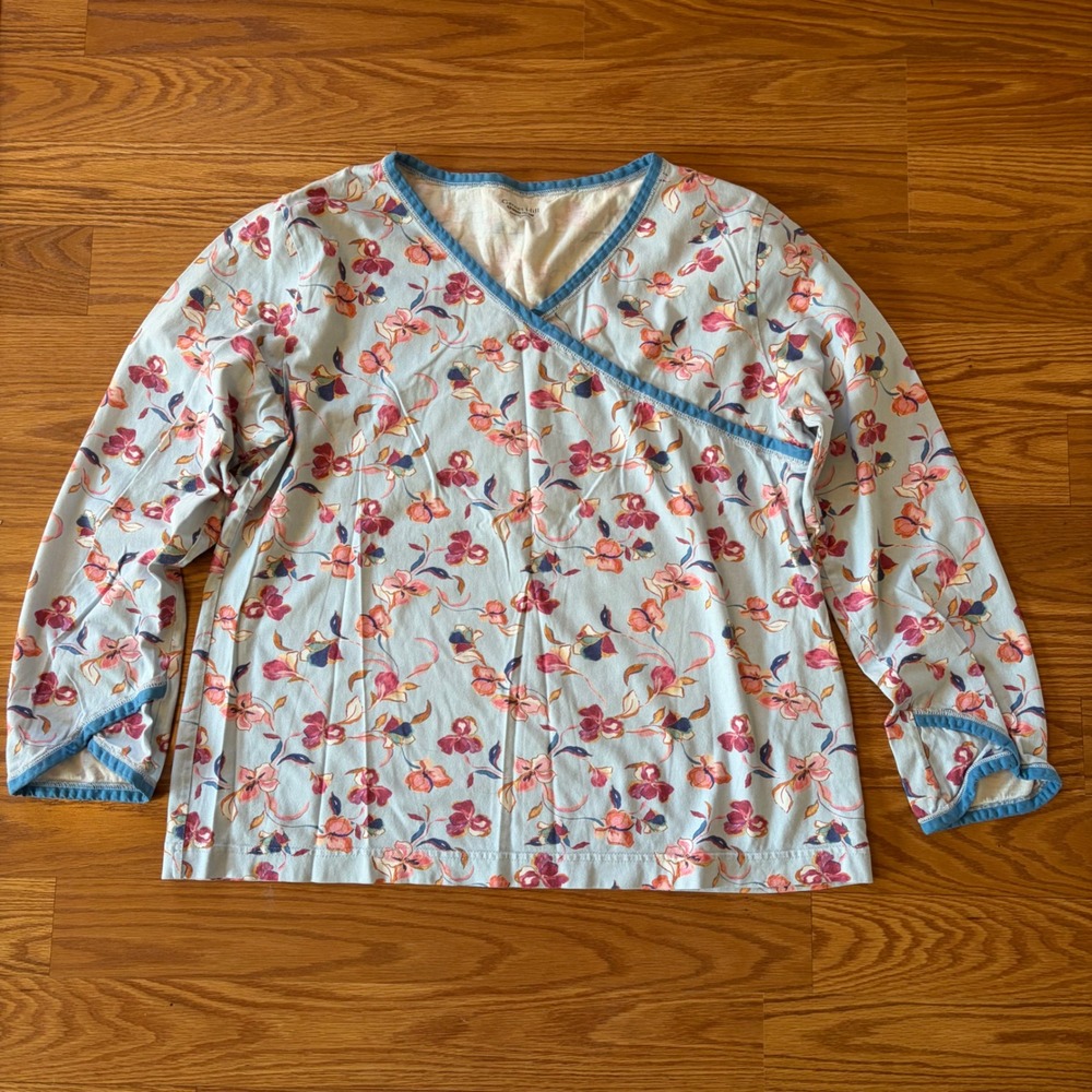 Garnet Hill  100% Organic Cotton Floral Pajama Set Size Large Lounge Two Piece - Picture 2 of 6
